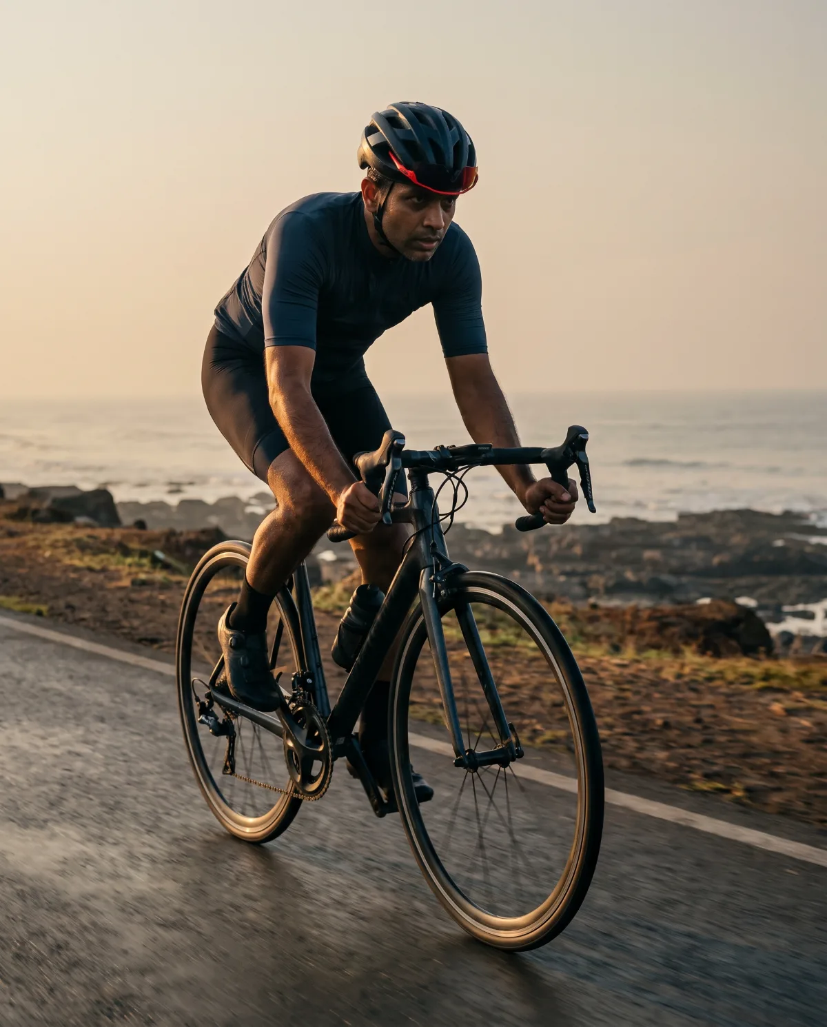A cyclist on a coastal road at dawn.