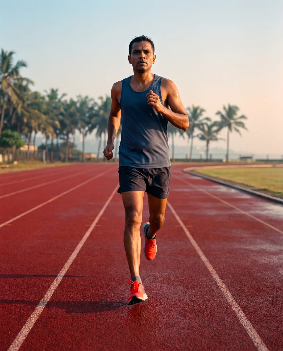 A runner on a track at first light.