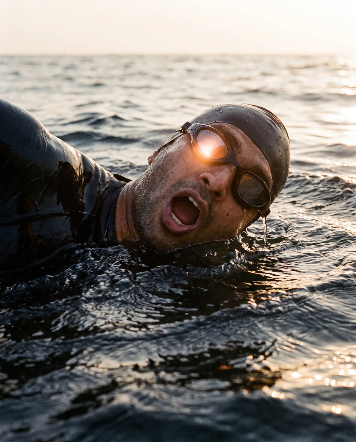 A swimmer in open water at dawn, mid-breath.