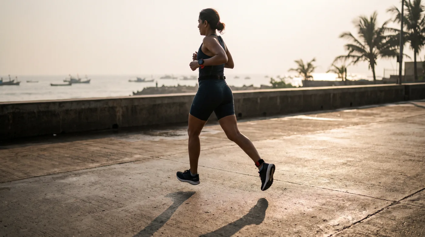 An IronCore World athlete running at first light on the Mumbai seafront.